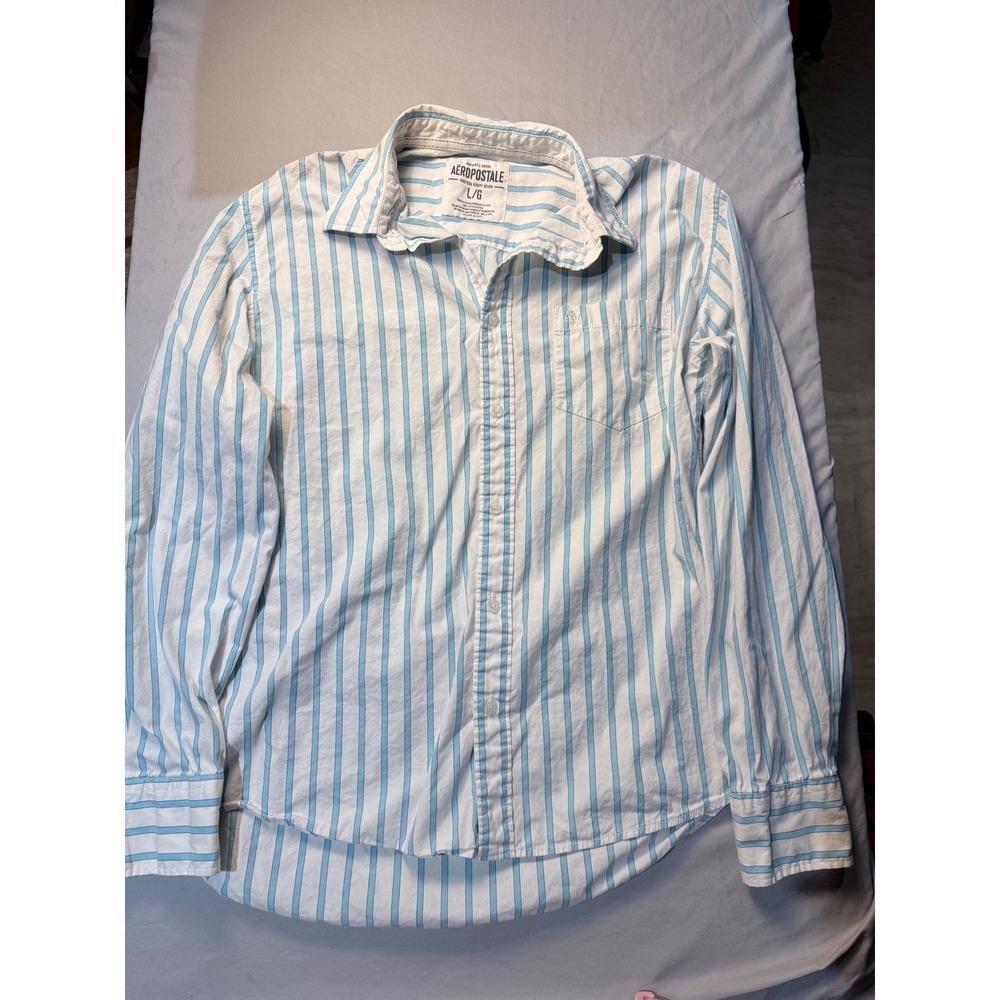 Aeropostale Mens Long Sleeve Button Down Shirt Blue White Striped Large A87 Logo